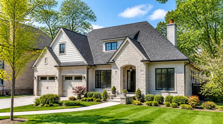 Stone front house with a new dark architectural shingle roof