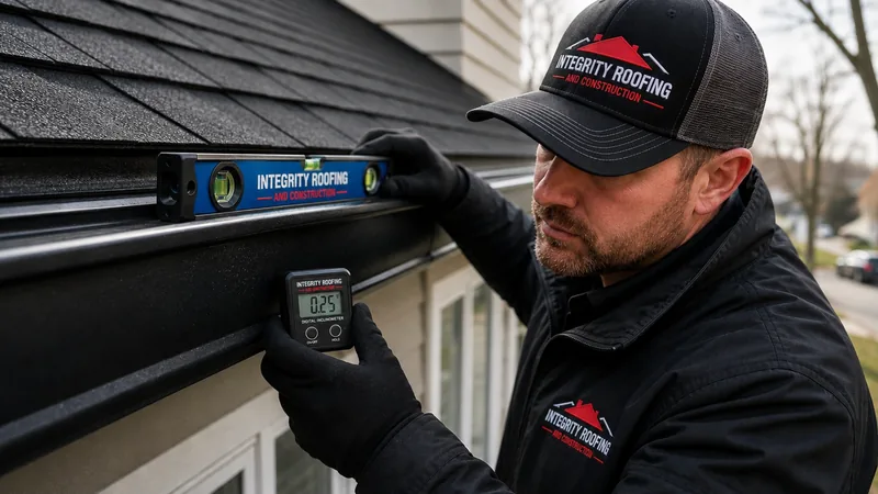 Roofer leveling a new gutter on a home
